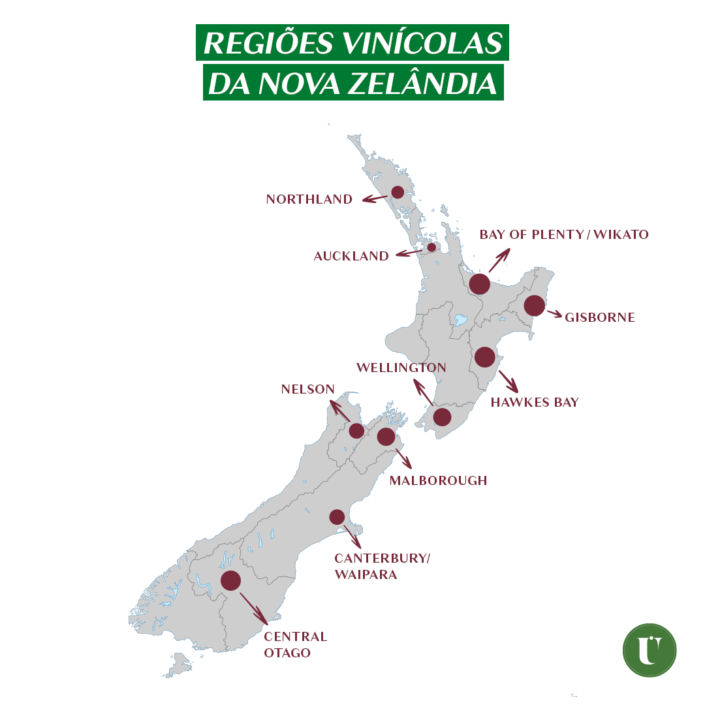 Mapa das regiões vitivinícolas da Nova Zelândia