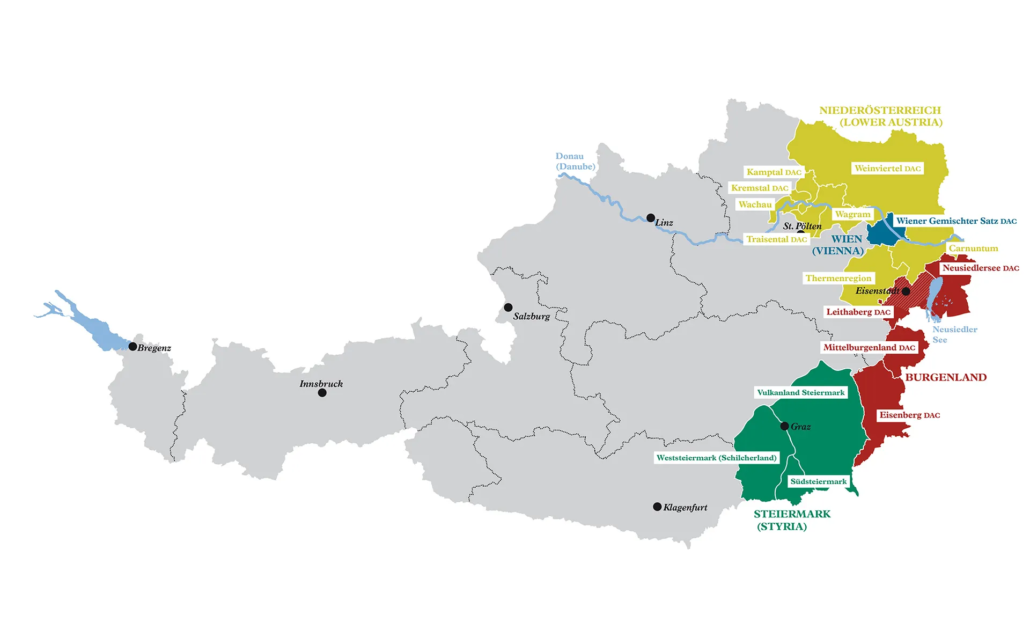 Mapa das regiões vinicolas da Áustria